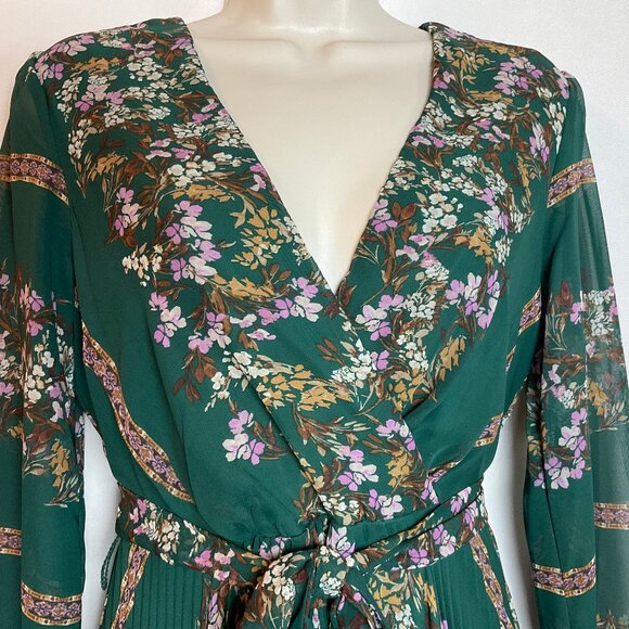 NWT Danny & Nicole Dress Dark Green Floral  Sz 4 - pleets sheer sleeves slip - Picture 2 of 12